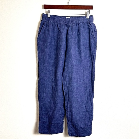 Sigrid Olsen blue 100% linen cuffed pull on elastic waist pants pockets M - Picture 1 of 5
